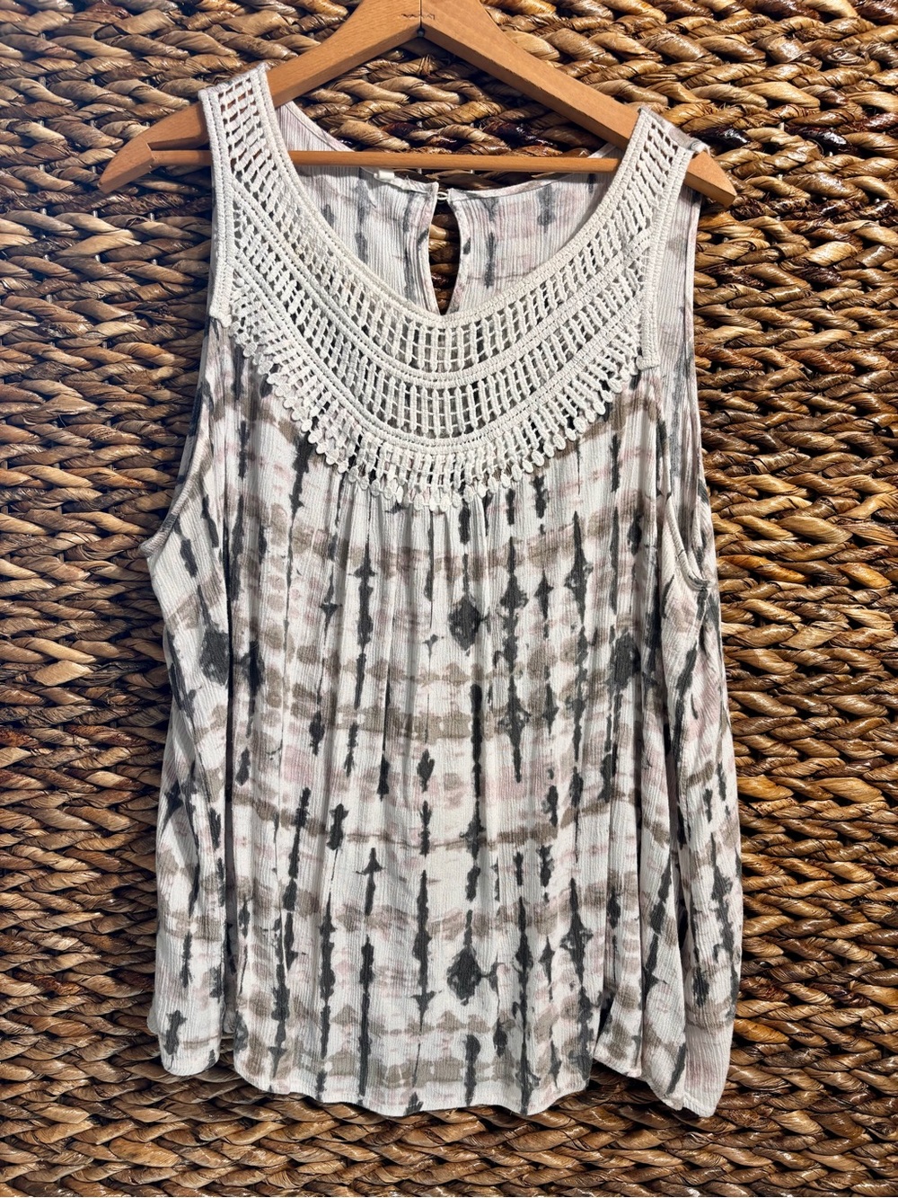Maurices Crochet Yoke Tie-Dye Tank Top - White, Gray, Blush